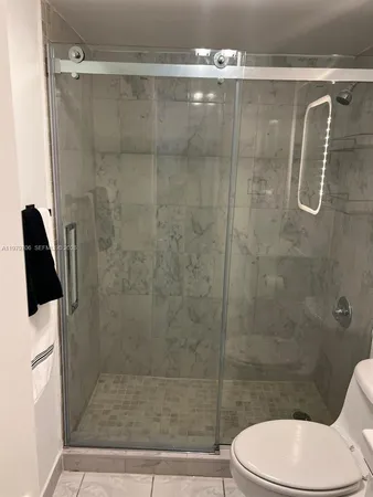 a bathroom with a shower and a toilet
