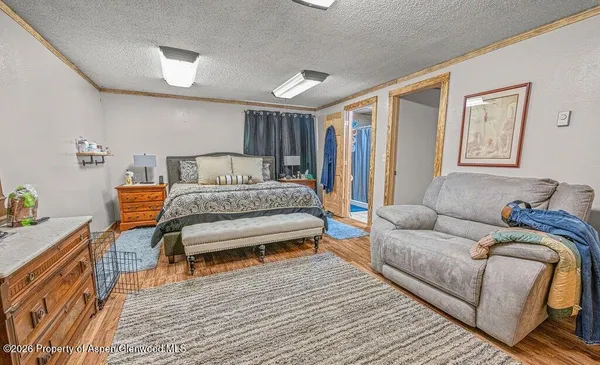 a bedroom with a bed and a couch