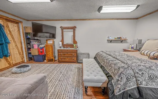 a bedroom with a bed and a walk in closet