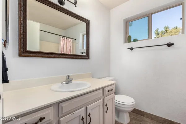 a bathroom with a sink a toilet and mirror