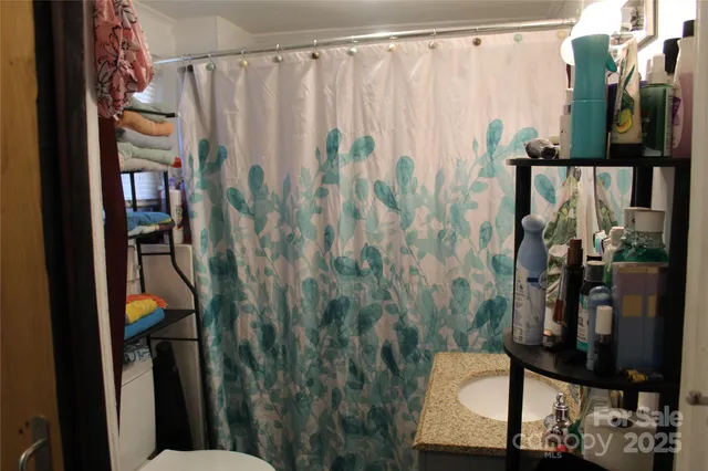 a bathroom with a shower curtain and toilet