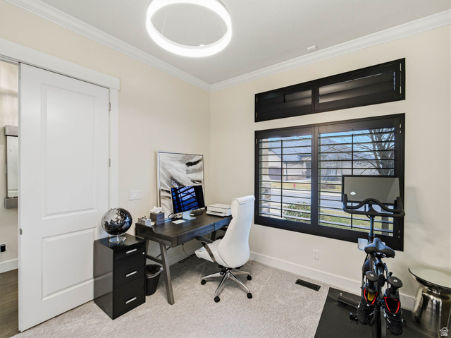 1154 Sunset Dunes Way Draper, UT 84020 - Photo 31 of 50 Office area with ornamental molding and light colored carpet