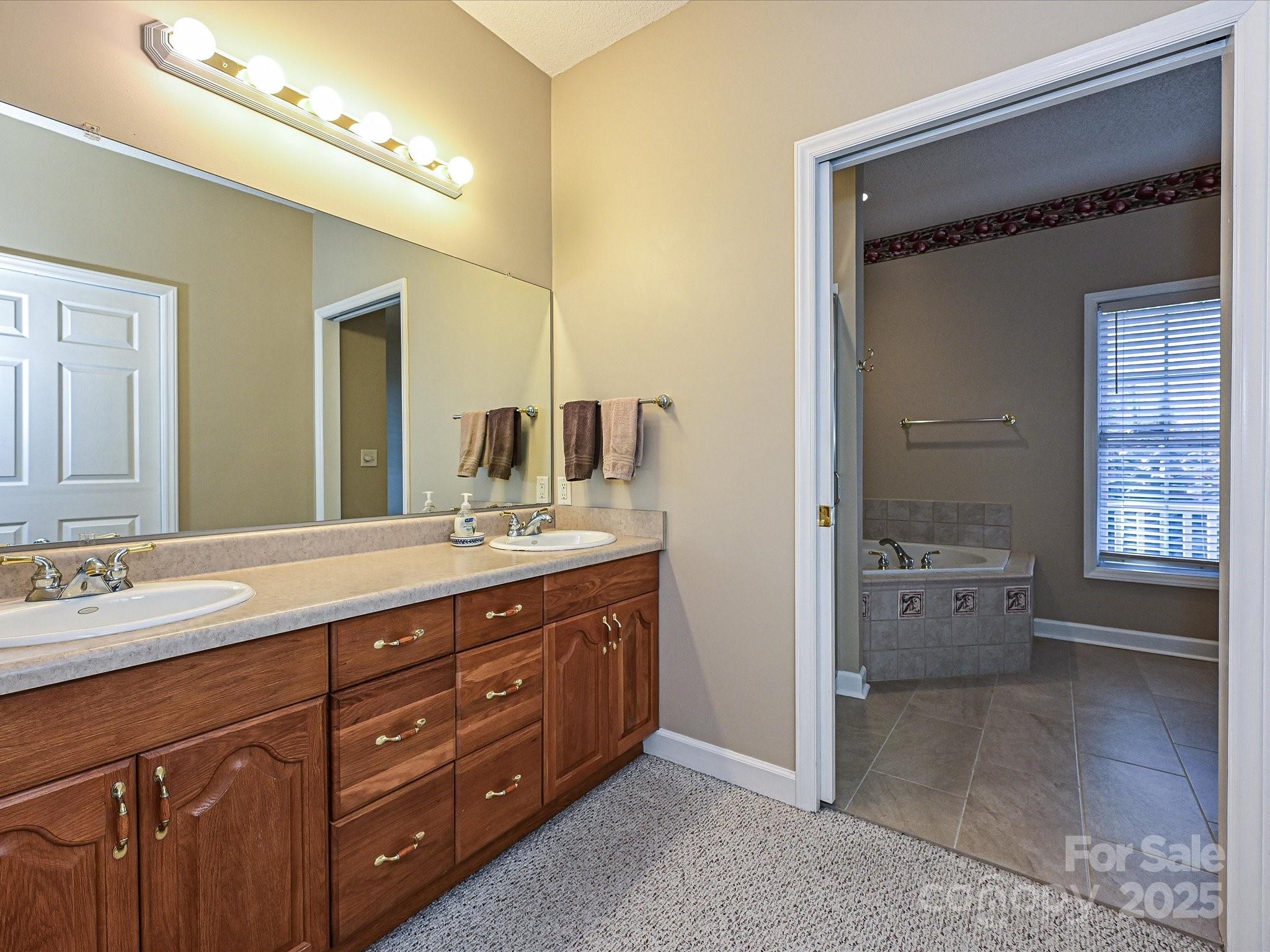 25040 Timberlake Drive Tega Cay, SC 29708 - Photo 24 of 40 a spacious bathroom with a granite countertop sink mirror and bathtub