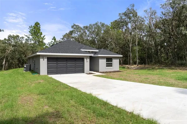 a front view of a house with yard and tree