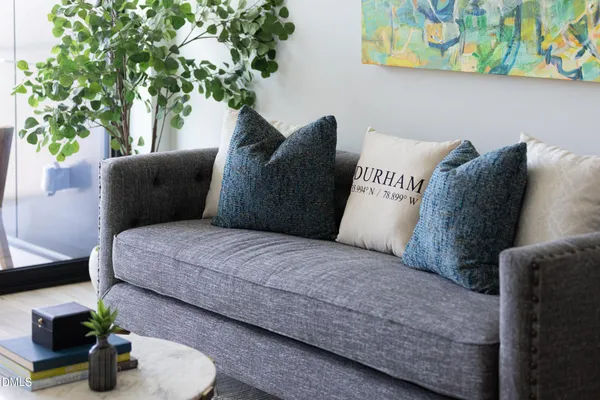 a living room with furniture and a potted plant