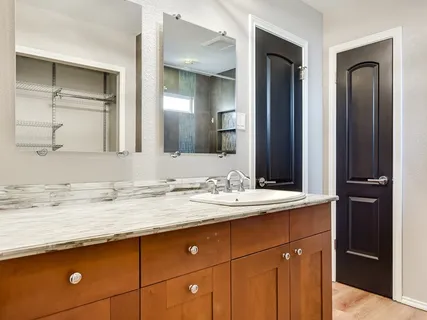 a bathroom with a sink and a mirror