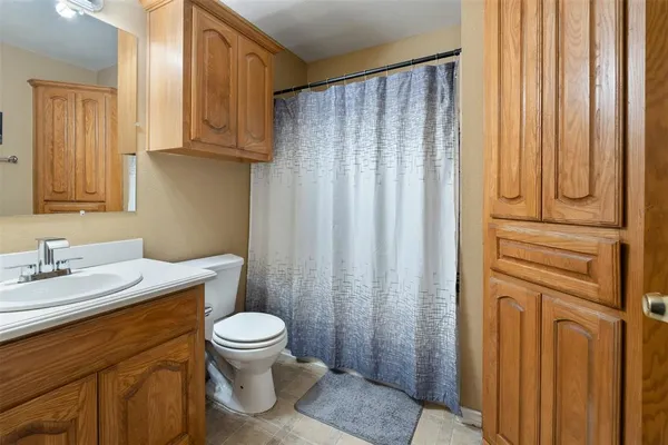 a bathroom with a sink a toilet and shower curtain