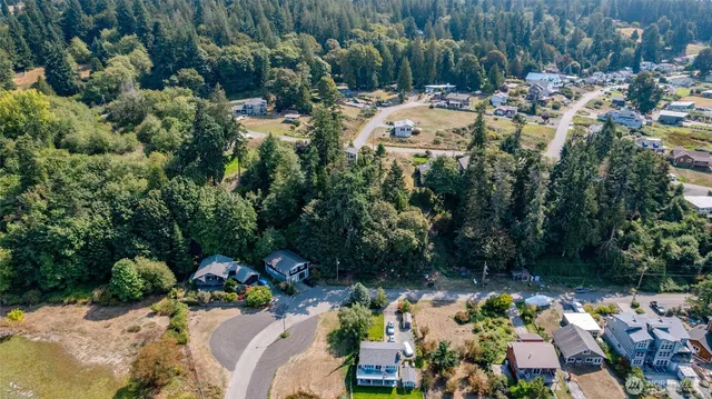 an aerial view of a house with a yard basket ball court and outdoor seating