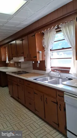 a large kitchen with a sink and cabinets