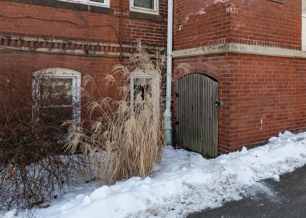 a view of a wooden door of a building