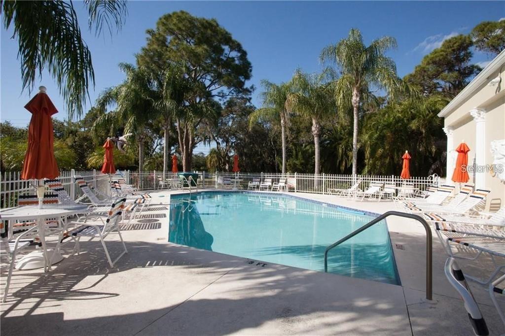 11229 Kapok Grand Circle Madeira Beach, FL 33708 - Photo 7 of 23 a view of a swimming pool with a lawn chairs under palm trees