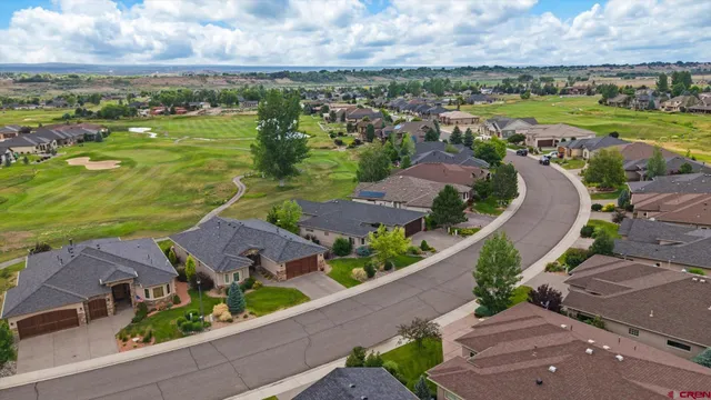 an aerial view of residential houses with outdoor space and river
