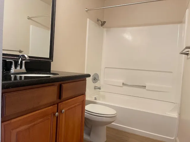 a bathroom with a bathtub and a toilet