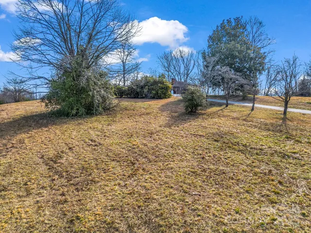 a view of a yard in front of a house with large trees