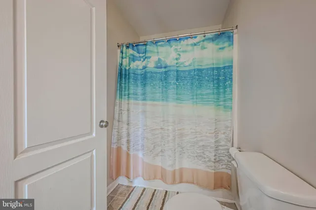 a bathroom with a shower curtain and a toilet