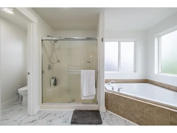 a bathroom with a granite countertop sink a toilet and shower