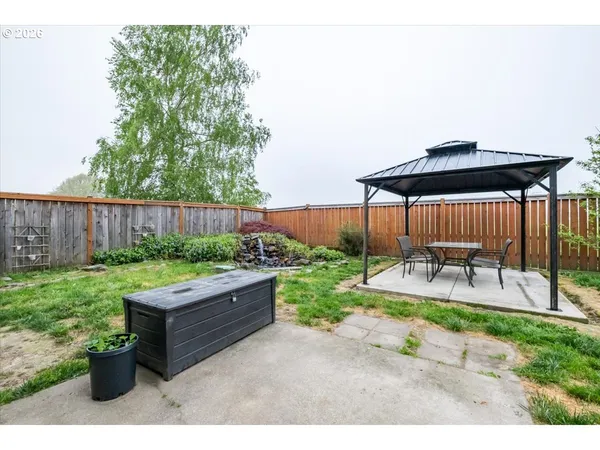 a garden view with a seating space