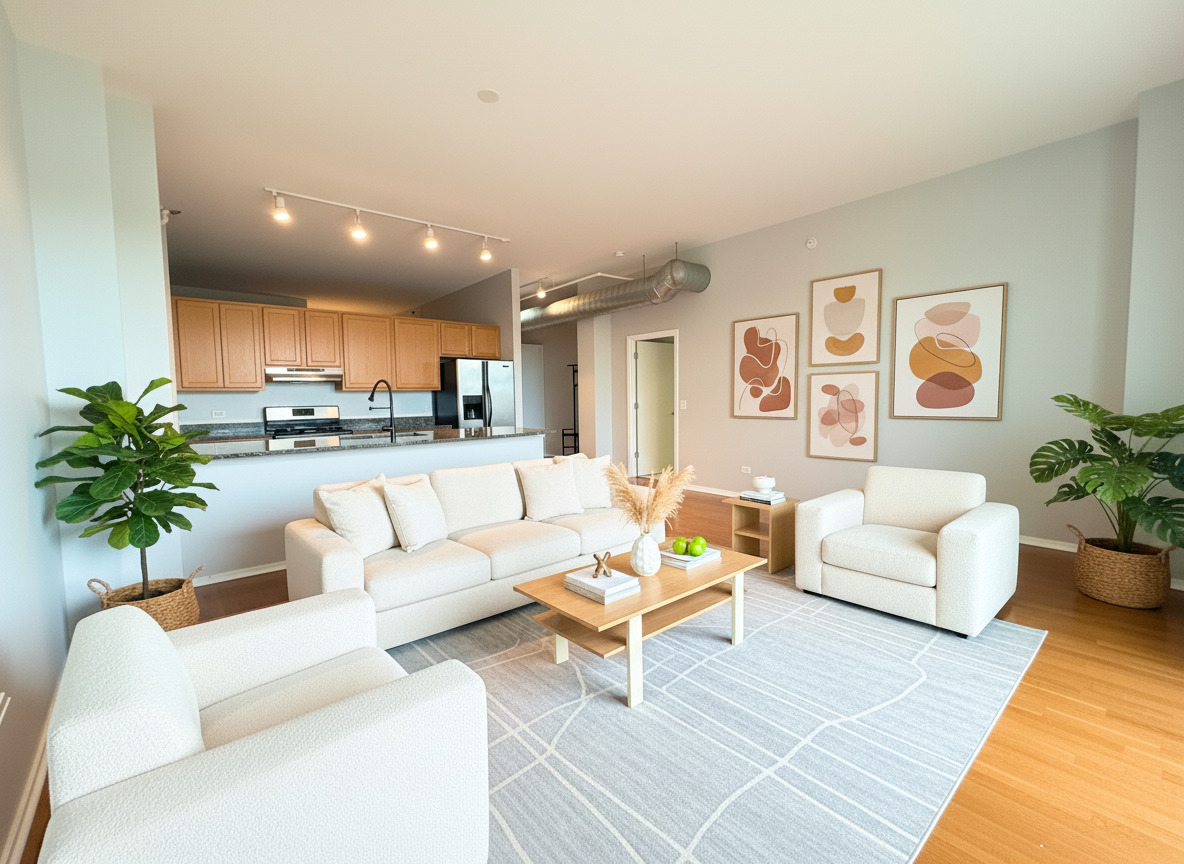 2323 West Pershing Road, Unit 421 Chicago, IL 60609 - Photo 3 of 15 a living room with furniture potted plant and kitchen view