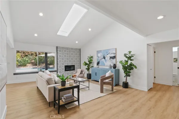 a living room with furniture fireplace and potted plant