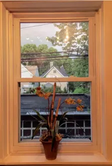 a view of a glass door with sky view