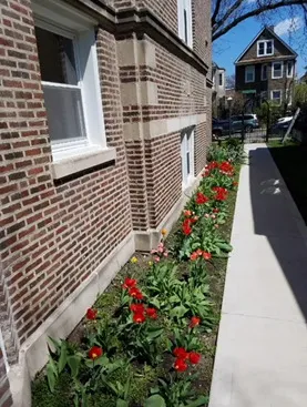 a flower garden is sitting in front of a house