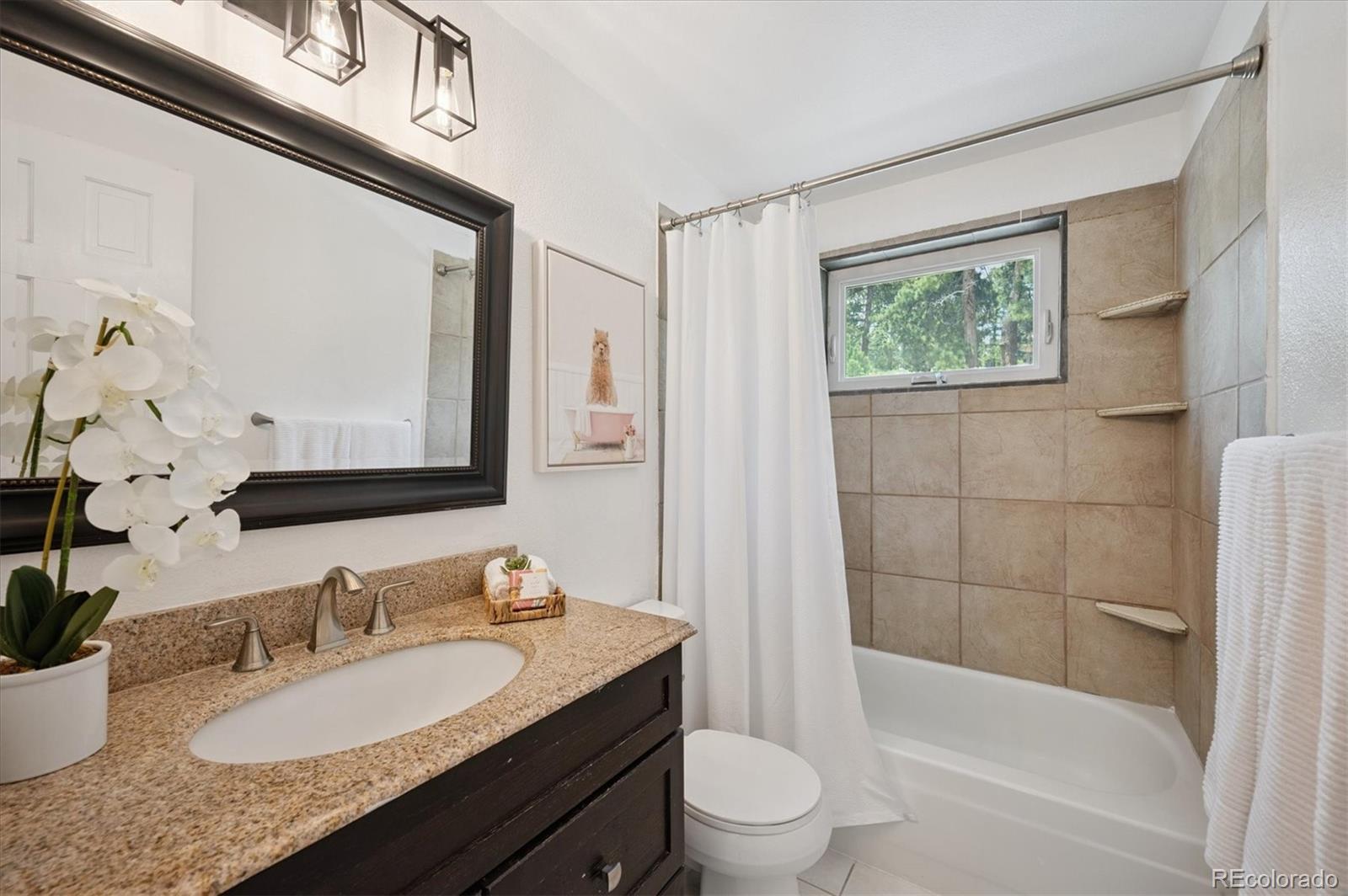 9189 Fallen Rock Road Conifer, CO 80433 - Photo 18 of 47 a bathroom with a granite countertop sink a toilet a mirror and shower