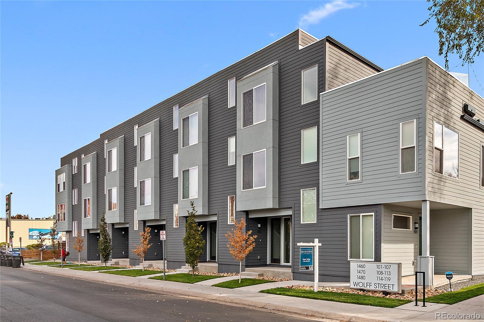 a front view of a building with street