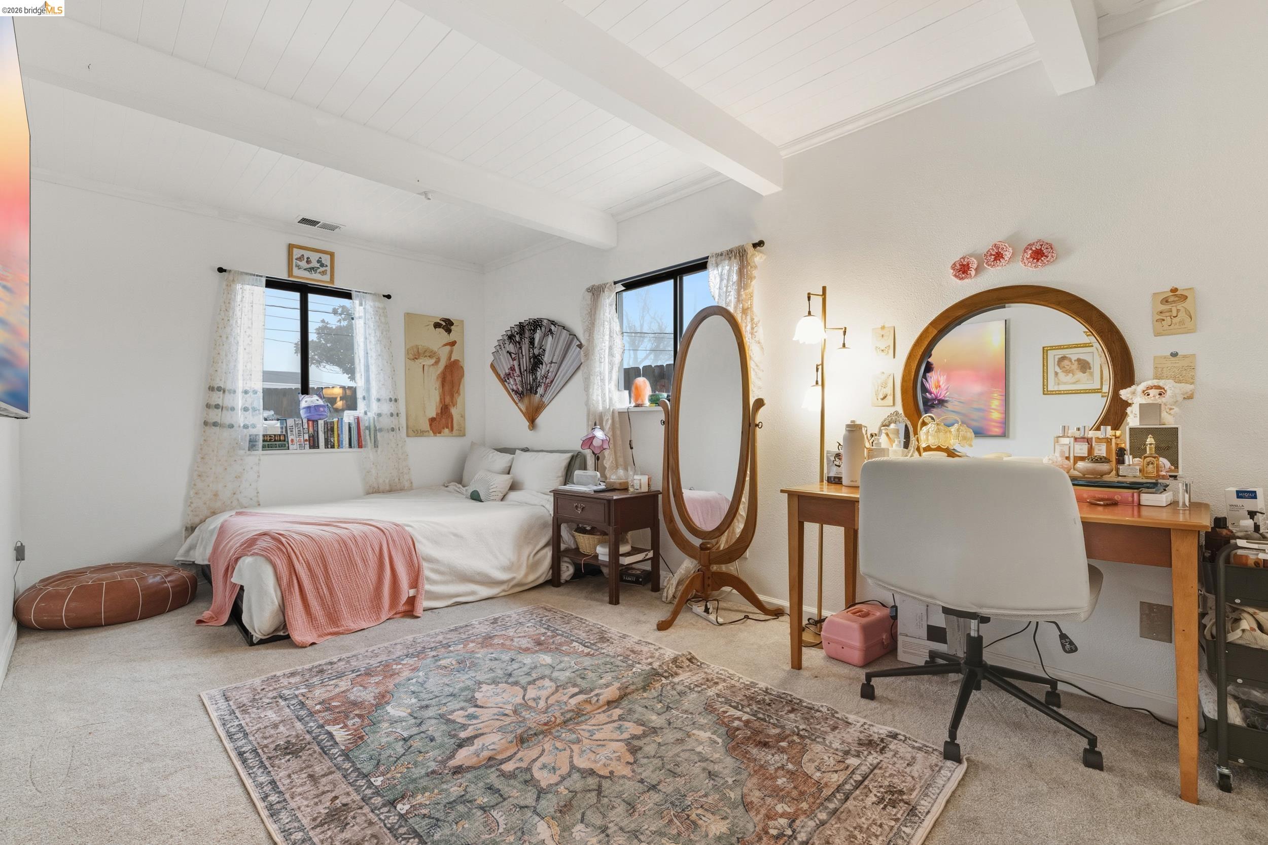 1704 East Street Tracy, CA 95376 - Photo 13 of 29 Carpeted bedroom with a desk and a wood ceiling with exposed beams