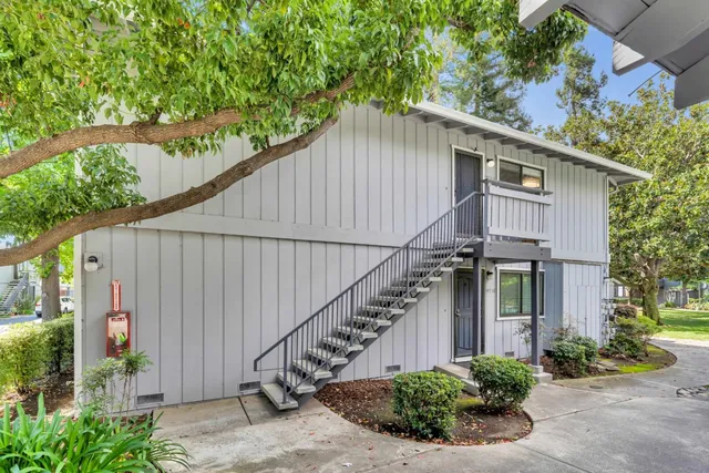 a backyard of a house with plants and trees with wooden fence