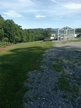 a view of a yard with a car parked in the background