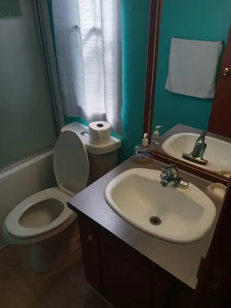 a bathroom with a toilet sink and mirror