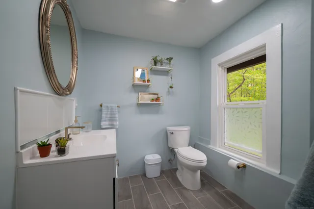 a bathroom with a toilet sink and a mirror