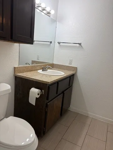 a bathroom with a sink a toilet and mirror