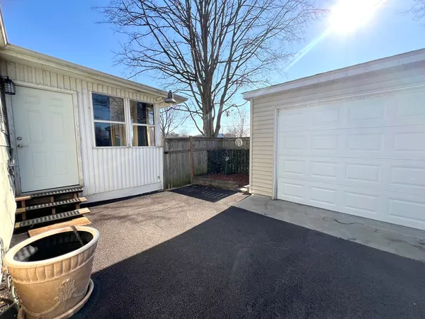 a room with a chair and potted plant