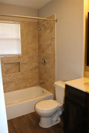 a bathroom with a toilet a sink and bathtub