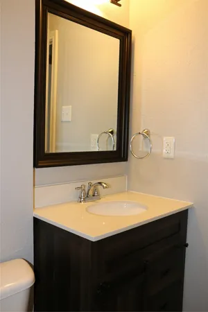 a bathroom with a sink vanity and a mirror