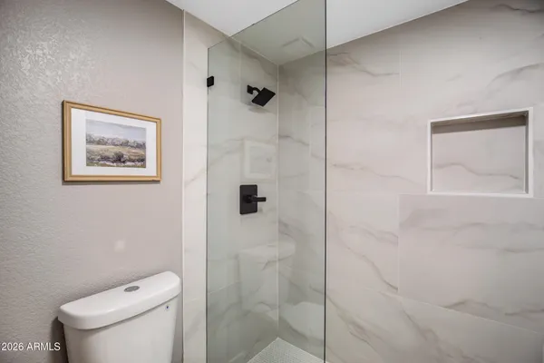 a bathroom with a toilet and a shower