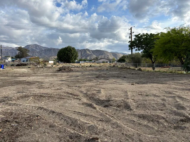 a view of a dry yard with wooden fence