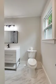 a bathroom with a toilet a sink and mirror