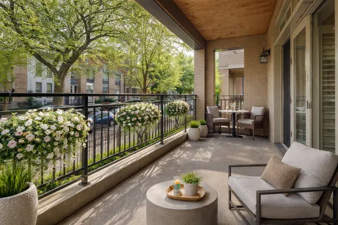 a balcony with table and chairs