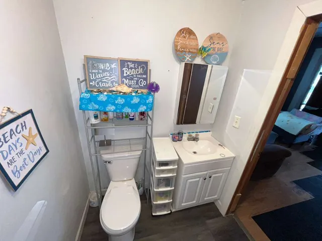 a bathroom with a toilet a sink and a mirror