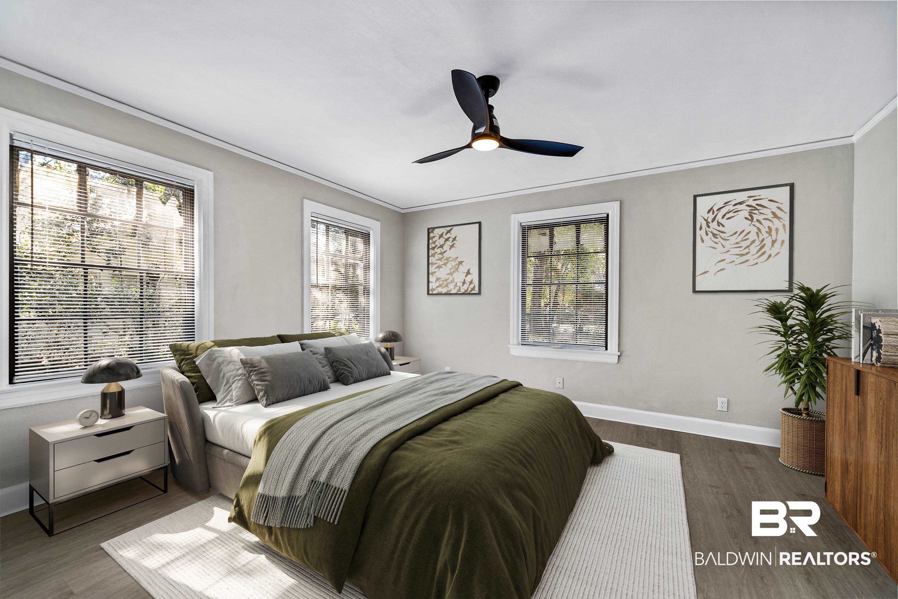 611 Morgan Avenue Mobile, AL 36606 - Photo 18 of 24 Bedroom featuring ornamental molding, multiple windows, ceiling fan, and dark hardwood / wood-style floors
