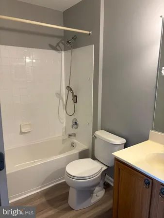 a bathroom with a toilet sink vanity and shower