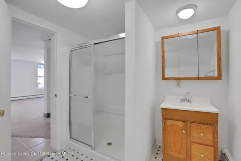 a bathroom with a shower sink and mirror