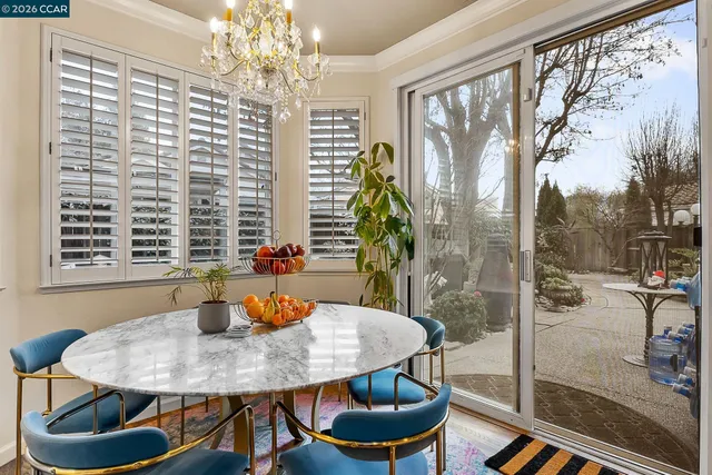 a view of a dining room with furniture window and outside view