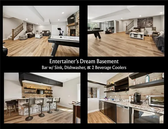 a kitchen with stainless steel appliances kitchen island granite countertop a stove a refrigerator a dining table and chairs with wooden floor