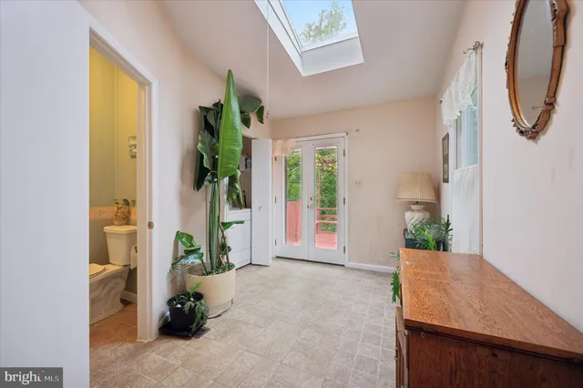 a view of a room with windows