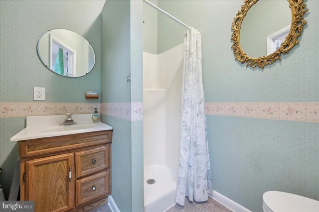 a bathroom with a sink mirror and vanity