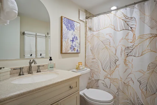 a bathroom with a granite countertop toilet sink mirror vanity and shower