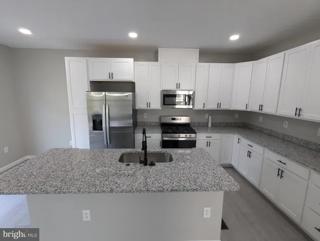 a kitchen with stainless steel appliances granite countertop a sink refrigerator and cabinets